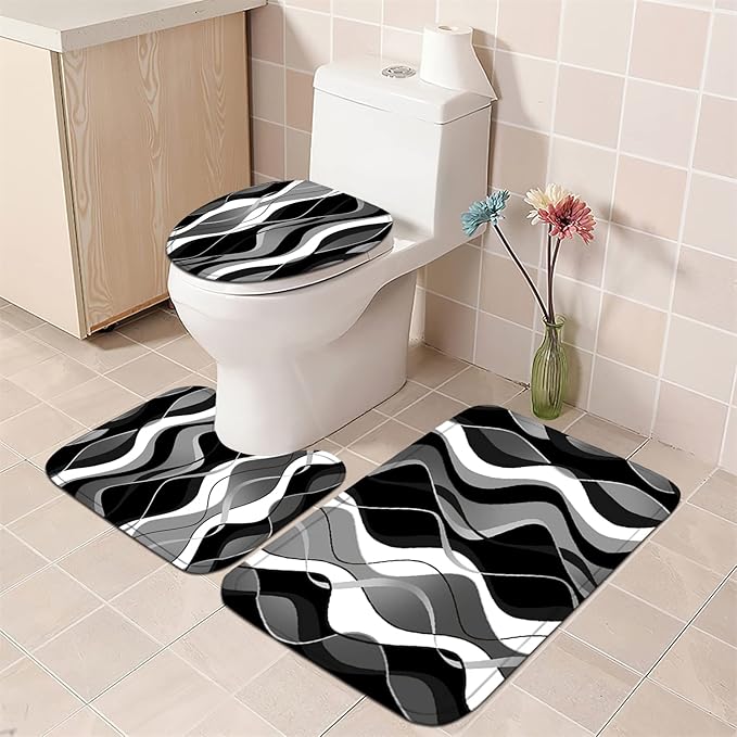 Nkzply 4 Pcs Black and White Striped Shower Curtain Set Black and Grey Bathroom Sets with Shower Curtain and Rugs Modern Home Bathroom Decor Shower Curtains with Rugs and Toilet Lid Cover