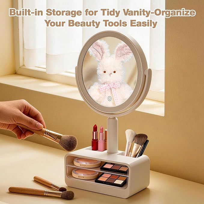 Makeup Mirror with Lights-1x/20x 360° Rotation Vanity Mirror with 3 Color Temperatures & Dimmable LED Lights, Rechargeable Desktop Mirror with Brush Holder & Cosmetics Organizer-Gift for Her