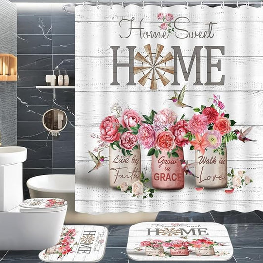 ALEXEX 4 PCS Red Rose Peony Shower Curtain Sets,Home Sweet Bathroom Set with Shower Curtain and Rugs and Accessories,Farmhouse Country Shower Curtain Bathroom Decor with 12 Hooks,72 X 72 Inches