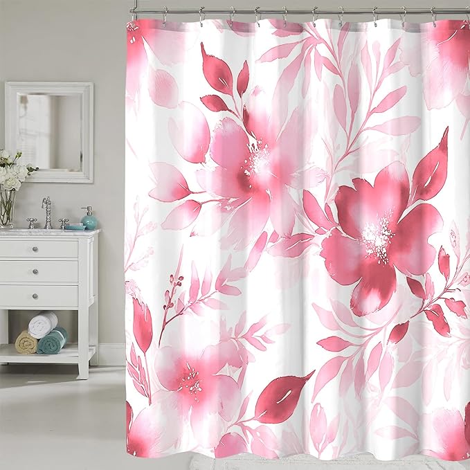 Floral Shower Curtain, Pink Watercolor Flower Shower Curtains for Bathroom, Modern Minimalist Waterproof Fabric Bath Decoration 72x72 Inch