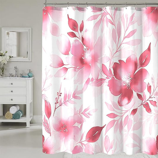 Floral Shower Curtain, Pink Watercolor Flower Shower Curtains for Bathroom, Modern Minimalist Waterproof Fabric Bath Decoration 72x72 Inch