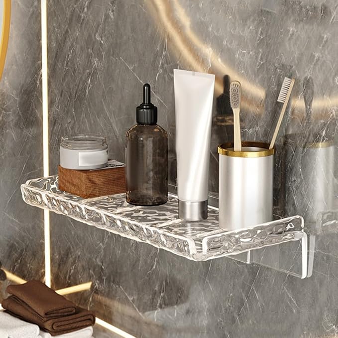 2pcs Floating Wall Storage Shelf Bathroom Organizer No Drilling Transparent Water Ripple Design Space-Saving Toiletries Rack for Kitchen and Living