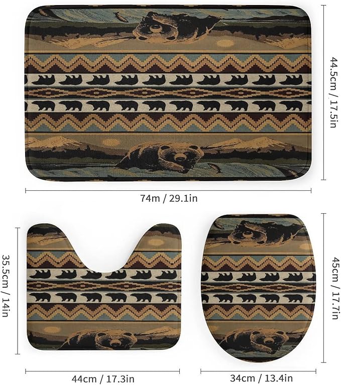 Vintage Farmhouse Bear 4 Piece Shower Curtain Sets, Non-Slip Rugs, Toilet Lid Cover and Bath Mat, Durable and Waterproof, for Bathroom Decor Set One Size