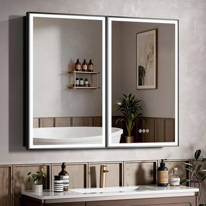 40X32 Inches Framed Medicine Cabinet with Lights, Bathroom Medicine Cabinet with 3-Color/Dimmable, Anti-Fog, Plug-in & Hardwired, Surface Mount & Recessed