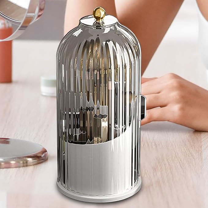 Multi-function Rotating Bird Cage Toiletries Storage Rack ?€? Storage Box, Makeup Holder | Covered Transparent Brush Organizer, 360 Rotating Design for Vanity Tables, Desktops, Bathroom Countertops