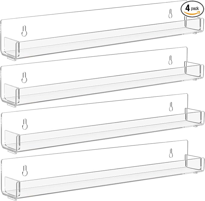 4 Pack Clear Nail Polish Rack Wall Mounted,15 inch Invisible Acrylic Floating Bookshelf,Small Toy Storage Wall Shelf Modern Picture Ledge Vinyl Record Display Shelf Holder