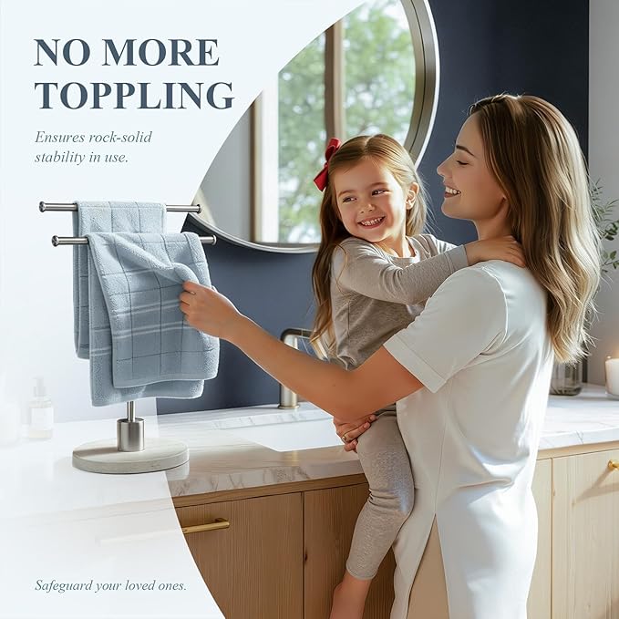 Towel Holder Stand with Natural Travertine Base Stainless Steel Hand Towel Holder Rack for Bathroom Countertop Unique Free Standing Towel Bar Holds 2 Towels for Kitchen Countertop (Brushed Silver)