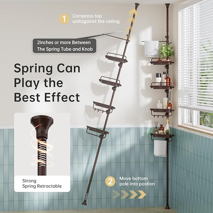 Corner Shower Caddy Tension Pole Brown Shower Caddy 18/8 Stainless Steel Rustproof 4 Tier Adjustable Shower Organizer Bathroom Shelves Storage Rack 32-122inch