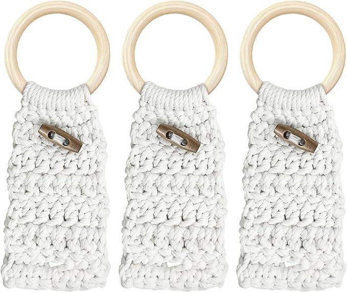 Aerbee Macrame Towel Holder Ring, 3PCS Kitchen Towel Hooks for Kitchen & Bathroom, Decorative Boho Style Kitchen Oven Towel Hanger Woodren Loop Ring, Suitable for Home Kitchen Bathroom, White