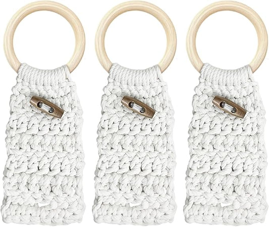 Aerbee Macrame Towel Holder Ring, 3PCS Kitchen Towel Hooks for Kitchen & Bathroom, Decorative Boho Style Kitchen Oven Towel Hanger Woodren Loop Ring, Suitable for Home Kitchen Bathroom, White