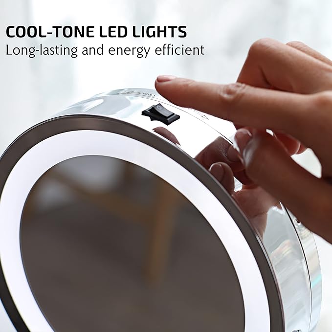 OVENTE 7'' Lighted Tabletop Makeup Mirror, 1X & 7X Magnifier, Spinning Double Sided Round LED, Great for Vanity, Bath, & Bedroom, Battery Powered, Polished Chrome MCT70CH1X7X (Pack of 2)