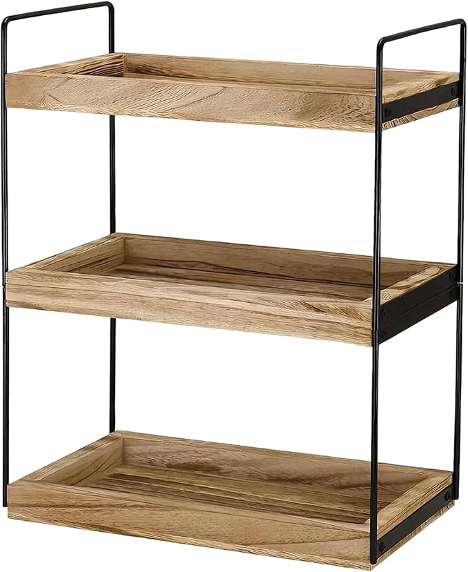 Counter Shelf, 3-Tier Wood & Metal Shelf, Bathroom Countertop Organizer, Vanity Organizers, Makeup Organizers for Bedroom, Bathroom, Kitchen, 6.7 X 13 X 17.3 in