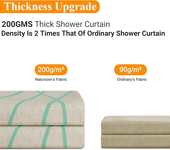 Mint Green Modern Farmhouse Linen Shower Curtain, Country Cottage Bathroom Decor Striped Minimal Boho Textured Linen Shower Curtain Set with Hooks, 72x72