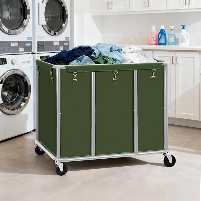 STO STO Commercial Laundry Cart with Lockable Wheels, Large 420L Industrial Rolling Laundry Hamper with Steel Frame, Removable Waterproof Bag, 400 lbs Capacity for Hotels, Hospitals, Factories, Green