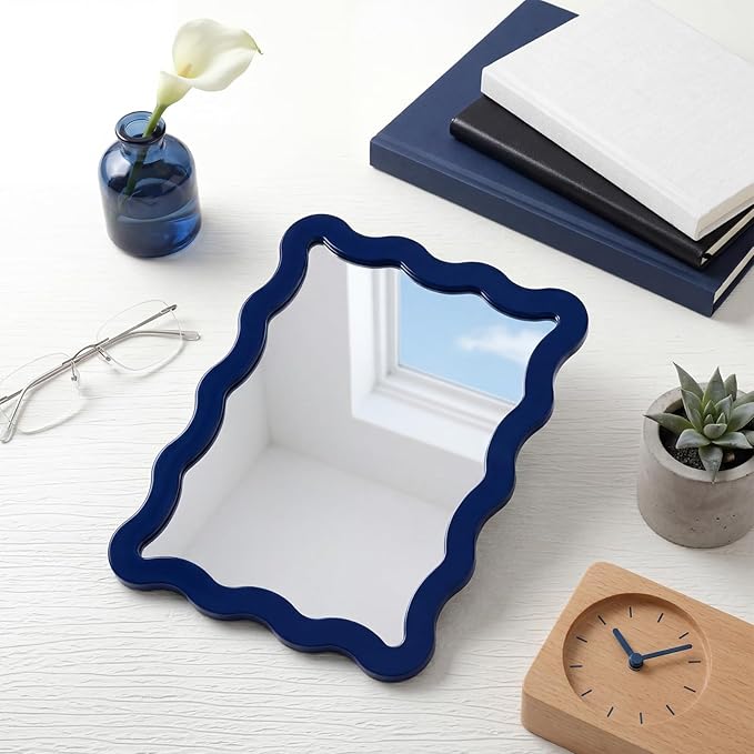 Leinuosen 1 Pcs Scalloped Magnetic Locker Mirror Small Real Glass Makeup Mirror with Magnetic Backing Cute Locker Decorations for Office Cabinet Lockers Accessories (5 x 7 Inch,Navy Blue)