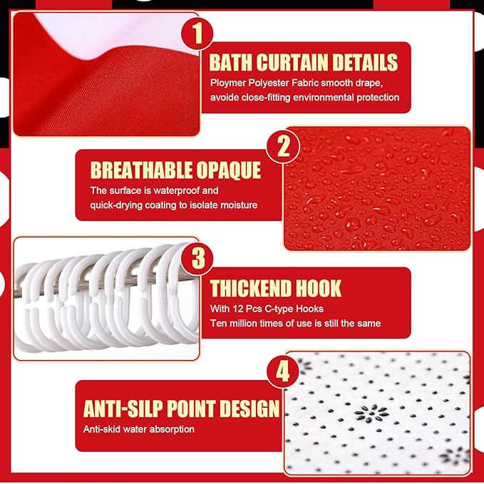 Nuanchu 6 Pcs Red Black Polka Dot Shower Curtain Set with Rug Polka Dot Bathroom Sets with Shower Curtain Bath Mat U Shaped Mat Toilet Lid Cover 2 Bath Towels and 12 Hooks Bathroom Decor