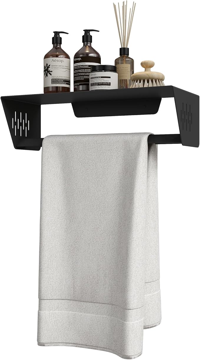 Qeke Bathroom Lavatory Towel Rack, Wall Mount Towel Holder Towel Hanger Shelf with Towel Bar, SUS 304 Stainless Steel Towel Rack for Bathroom and Lavatory, Matte Black, 14 Inch