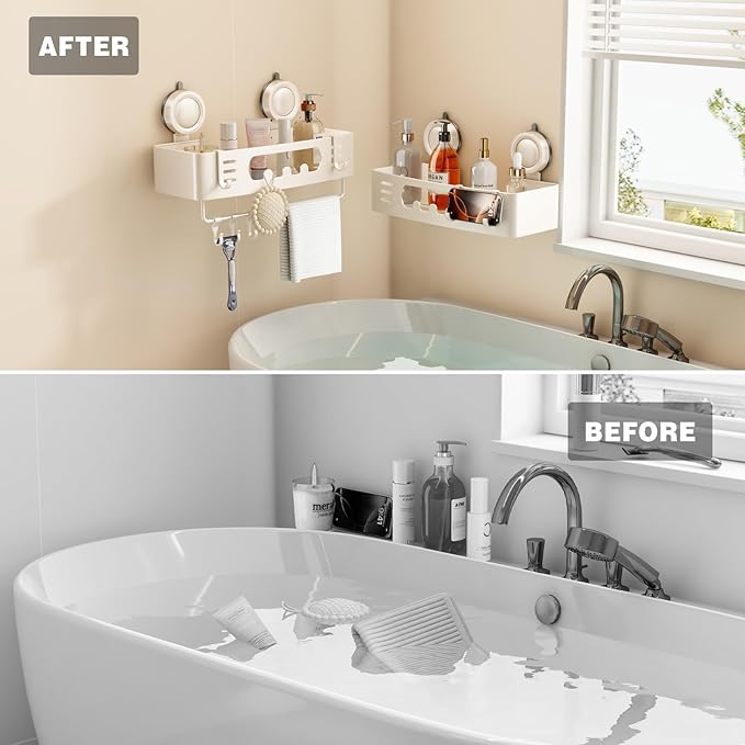Voldra Shower Caddy Suction Cup, Shower Shelves for Inside Shower No Drilling, Aluminum Suction Showers Organizer for Wall with Towel Bar & Hooks Removable Bathroom Storage Rack(1 Pack-White)