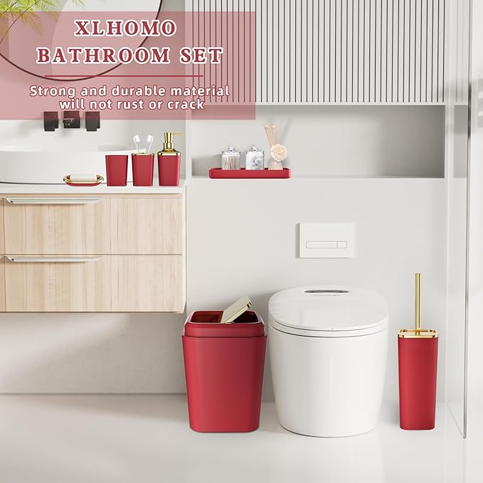 XLHOMO Dark Red Bathroom Accessory Set, 9-Piece Burgundy Bathroom Set with Trash Can, Toothbrush Holder, Toothbrush Cup,Soap Dispenser,Soap Dish,Toilet Brush Holder,2 Qtip Holder Dispensers and Tray