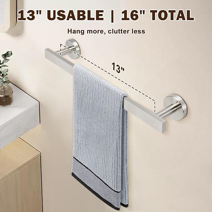 Bath Towel Bar, SUS 304 Stainless Steel Towel Rack Holder Wall Mounted, Modern Shower Rod for Bathroom Kitchen Home Decor, 16 Inch (Brushed Nickel)