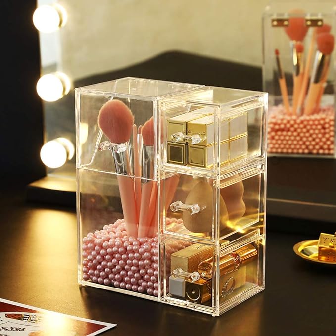 HOSEN Acrylic Makeup Organizer and Brush Holder With Lid Make up Organizer With Pearls Cosmetics Organizer Makeup Brushes Holder With 3 Drawers