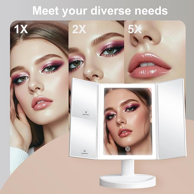 S'bagno LED Makeup Mirror with Lights, 1X/2X/5X Magnification, 3 Color Dimmable LED Modes, 270° Rotation, Trifold Vanity Mirror for Travel, Skincare & Grooming