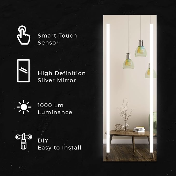 19x59 Inch Full Length LED Mirror for Bathroom with 3 Color Modes, Touch Dimmer - Free Standing or Wall Mount Lighted Vanity for Bedroom, Dressing Room - Fab Glass and Mirror