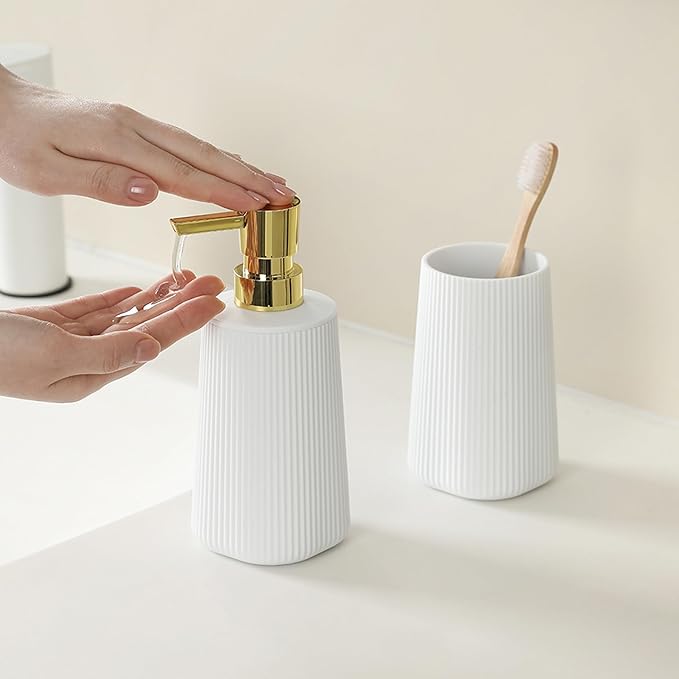 YAUKPH Bathroom Accessories Set 2 Piece Soap Dispenser and Toothbrush Holder for Bathroom Countertop Striped White and Gold