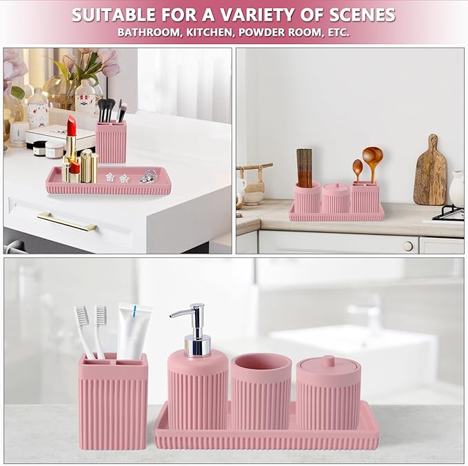 XLHOMO Resin Pink Bathroom Accessories Set 5 Pcs, Lotion Soap Dispenser, Toothbrush Holder, Bathroom Tumbler, Qtip Holder and Vanity Tray, Bathroom Countertop Organizer Set for Modern Home Apartment
