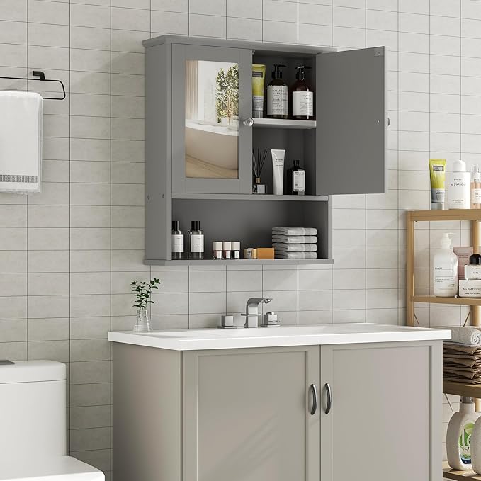Shintenchi Bathroom Cabinet with Mirror, Wood Medicine Cabinet with Adjustable Shelf, Wall Mount Cabinet Storage, Cupboard, Gray