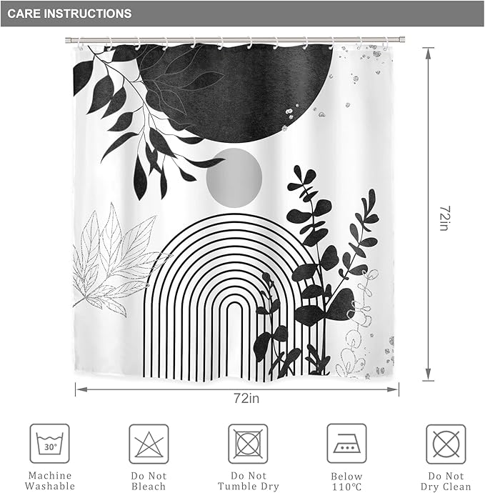 Riyidecor Mid Century 4Pcs Bathroom Shower Curtain Sets Abstract Aesthetic Geometric Minimalist Bathroom Decor Set with Rugs and Accessories Modern Toilet Lid Rug, Contour and Bath Mat with 12 Hooks