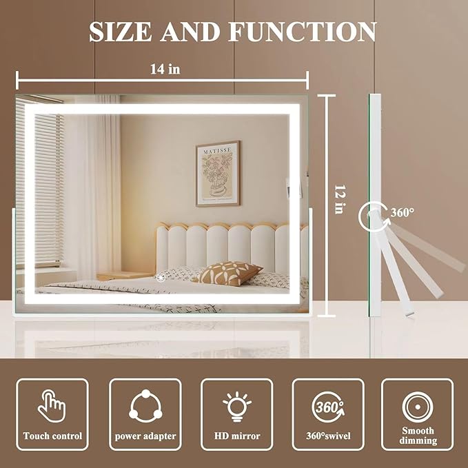 Gvnkvn Ligheted Vanity Mirror with Lights, 14" x 10" LED Makeup Mirror, 3 Modes Light, Smart Touch Control Dimmable, 360°Rotation, Rectangle White Frame