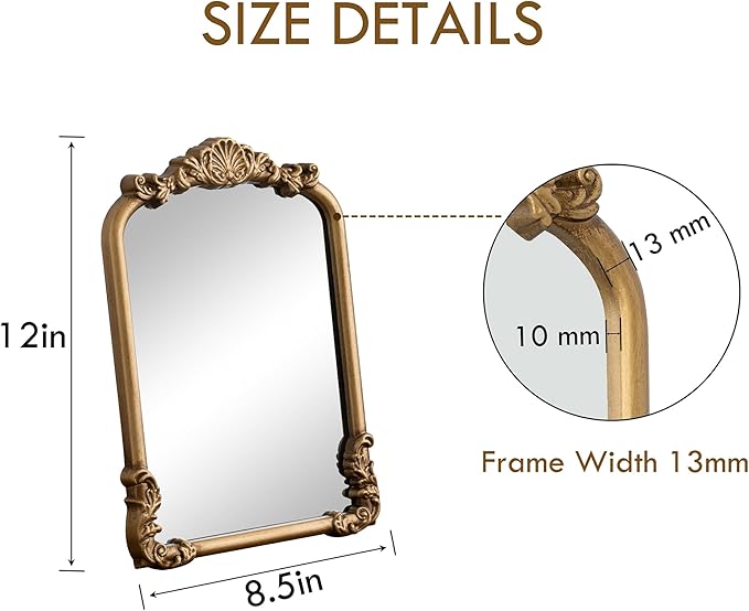 Vintage Vanity Small Gold Mirror Antique Makeup Desk Mirror with Stand Arched Table Mirror for Living Room Tabletop Countertop Bedroom Bathroom 8.5x12