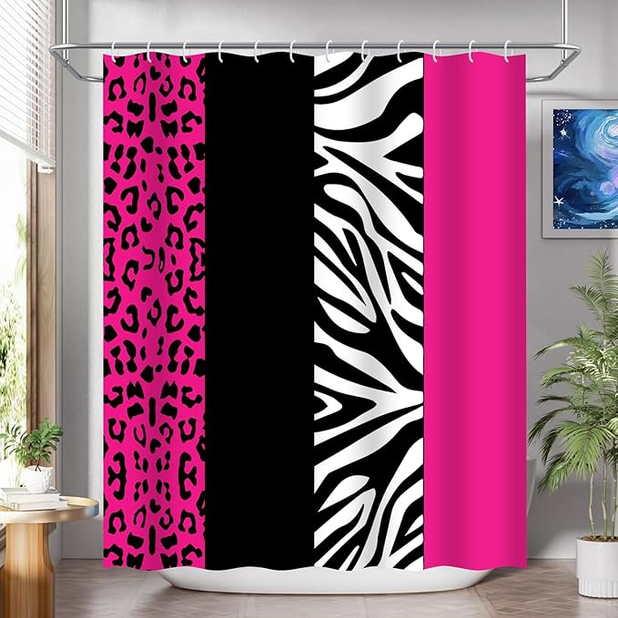 Onalasyc 4Pcs Rosy Leopard Shower Curtain with Rugs Set Waterproof Cheetah Print Bathroom Sets with Shower Curtain and Rugs Rosy Leopard Animal Print Bathroom Curtains Shower Set with 12 pcs Hooks