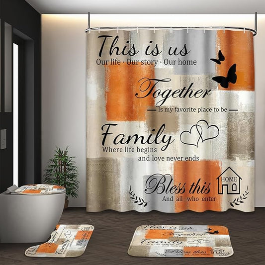 Family Home Motivational Shower Curtain Set with Toilet Lid Cover and Non-Slip Rugs for Bathroom, Orange Beige Abstract Painting Art 4 Pcs Shower Curtain, Modern Bathroom Set with 12 Hooks