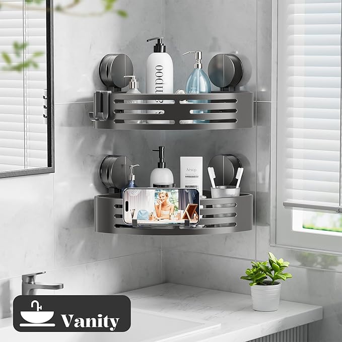 ONXE Suction Cup Shower Caddy,No Drilling Corner Shower Shelves Heavy Duty,Shower Organizer with Hooks,Rustproof Waterproof Space Aluminum Bathroom Storage,Home Accessories Decor