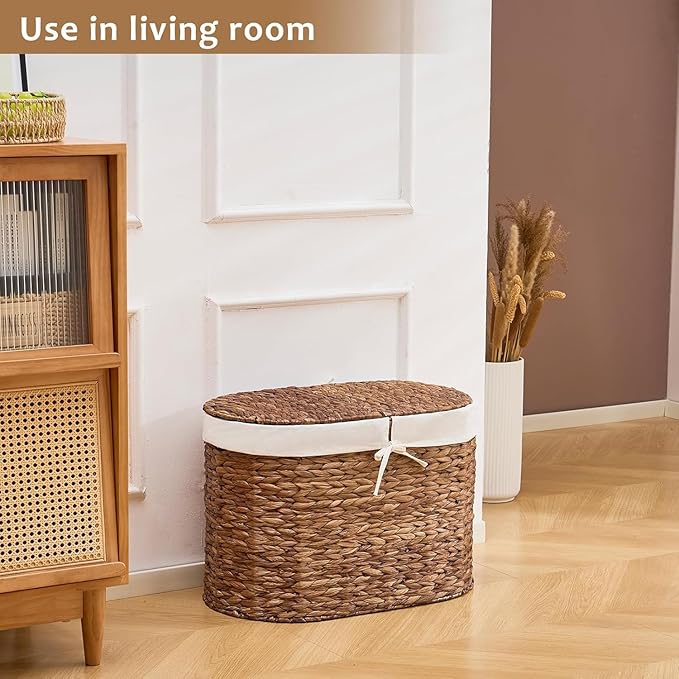 Oval Laundry Hamper with Lid and 2 Removable Bags, Handwoven Natural Water Hyacinth Laundry Basket for Bathroom or Bedroom, 70L, Espresso
