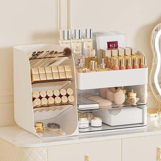 Makeup Organizer for Vanity, Countertop Cosmetic Display Case with Clear Acrylic Drawers, Bathroom Counter Beauty Caddy, Cute Table Storage Holder for Skincare, Brush Lipsticks, Crystal White