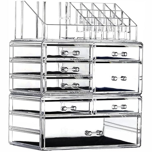 Cq acrylic 3 Pack Clear Makeup Organizer Countertop,Stackable 8 Drawers Skincare Organizer,Cute Skin Care Organizer for Vanity Hair Clip,Jewelry,Beauty Product Desk and Make Up Organizers for Vanity