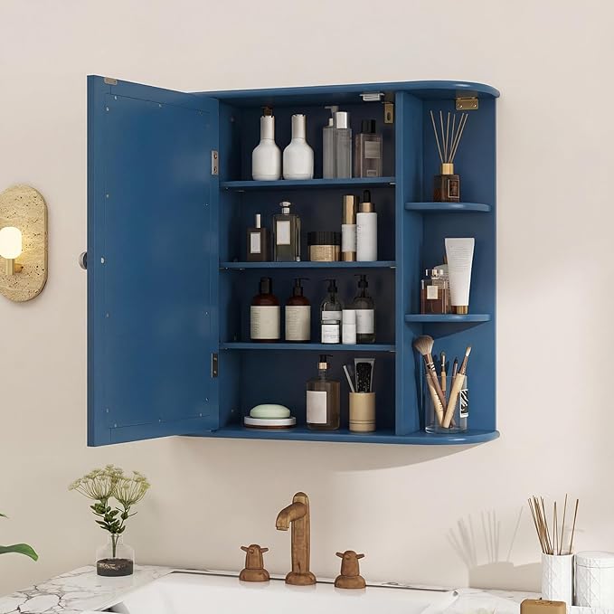 COSTWAY Medicine Cabinet with Mirror, Wall Mounted Bathroom Storage Cabinet with Mirror Door and Adjustable Shelves, Space-Saving Storage Organizer for Living Room Kitchen Entryway (Blue)
