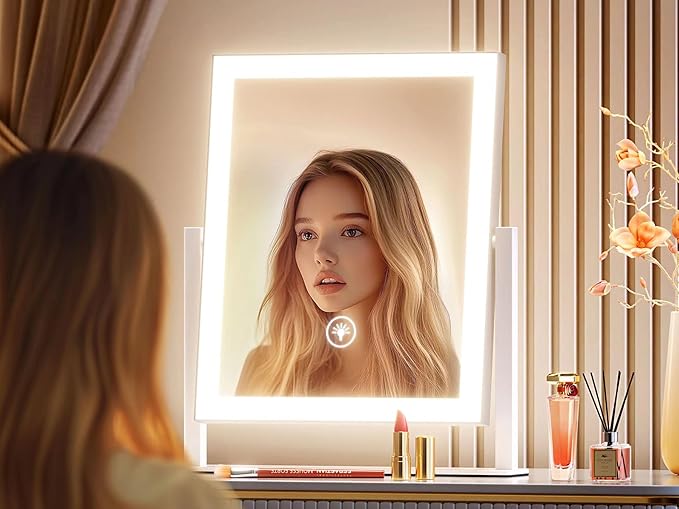 Gvnkvn Lighted Makeup Mirror, Hollywood Vanity Mirror with Lights, Three Color Modes，Detachable 10X Magnification Mirror, Smart Touch Control, 360°Rotation (15.2in)