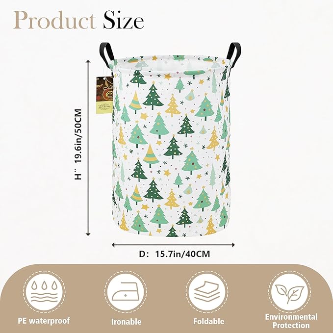 HUNRUNG Laundry Hamper,Large Canvas Fabric Lightweight Storage Basket Toy Organizer Dirty Clothes Collapsible Waterproof for College Dorms???Round-Green tree???
