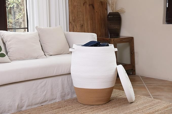 26"x20" Handcrafted Tall Cotton Rope Basket with Lid, Stylish Flagon Shape with Cover, Clothes Hamper with Top, for Bedroom and Living Room, White/Camel Bottom