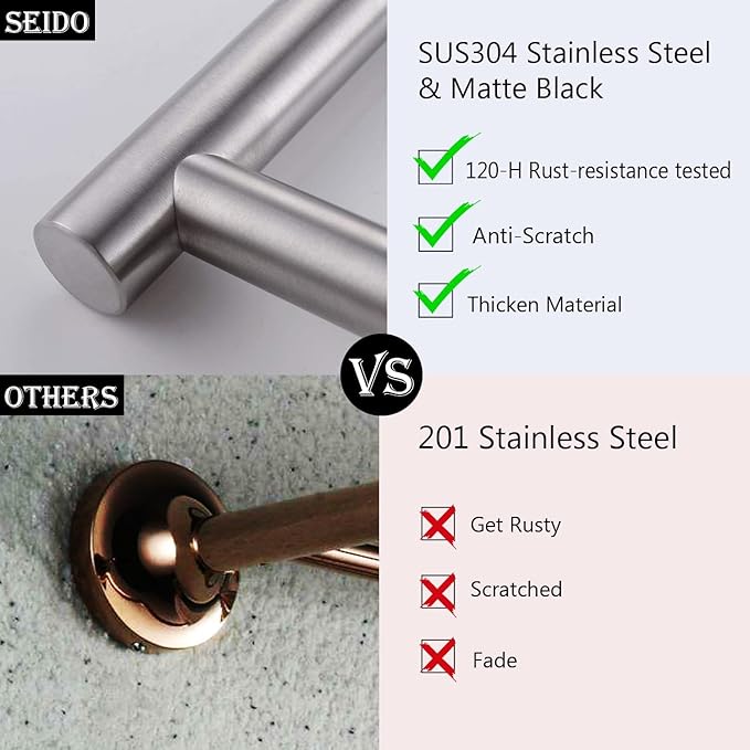 SEIDO Anti-Dropping Towel Bar with 9.6" Hanging Length, Stainless Steel Towel Bar for Bathroom Wall, Double Locking Design Hand Towel Holder, Brushed Nickel, 12 Inch, 2pc