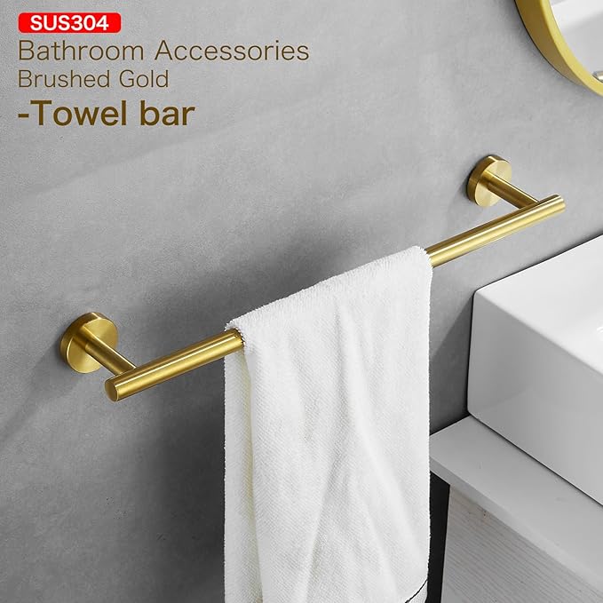 Bathroom Hardware Accessories Set Adjustable Brushed Gold Towel Bar Set 18in Stainless Steel Wall-Mounted Round 4-Piece Bath Towel Bar Set
