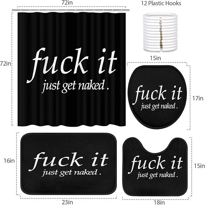 Britimes 4 Piece Shower Curtain Sets with 12 Hooks, Fuck It Just Get Naked with Non-Slip Rugs, Toilet Lid Cover and Bath Mat for Bathroom Decor Set 72" x 72"