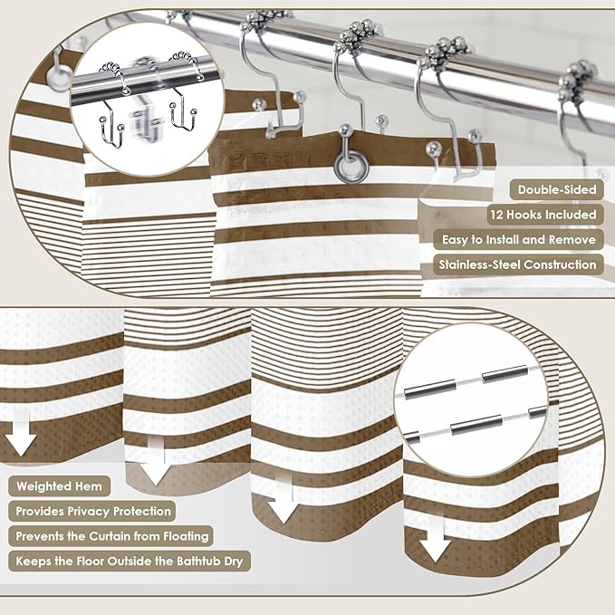 Britimes Brown Stripes Bathroom Sets with Shower Curtain and Rugs, Ombre Modern Minimalist Striped Waterproof Shower Curtain Liner and Soft Non Slip Bath Mat for Bathroom Decor and Accessories Hooks
