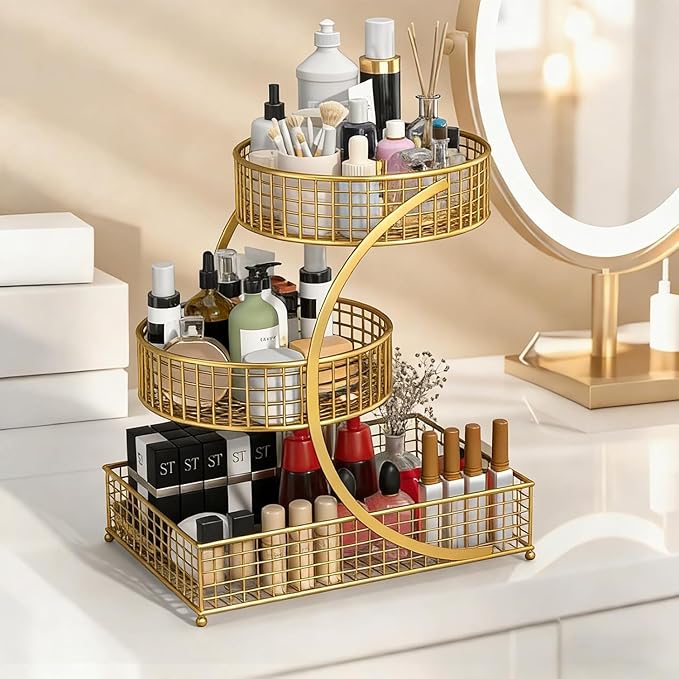 Makeup Organizer Countertop for Vanity, 3 Tier Metal Bathroom Countertop Organizers Skincare Storage Holder Perfume Cosmetic Display, Multi-Use Storage Rack for Bedroom & Kitchen (Gold(Redonda))