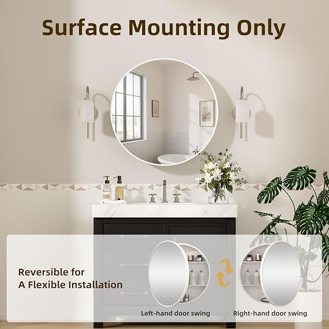28 x 28 Inch Round Medicine Cabinet with Mirror,White Circular Bathroom Cabinet Wall Mounted,Metal Framed Mirror Medicine Cabinet with Adjustable Shelves for Bathroom Vanity