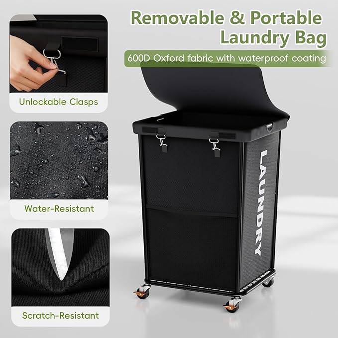 150L Laundry Basket with Wheels, Rolling Laundry Hamper with Cloth Cover, Laundry Cart with Metal Frame & Removable Bag, Large Dirty Clothes Hampers for Bedroom Aesthetic, Laundry Room Bathroom, Black